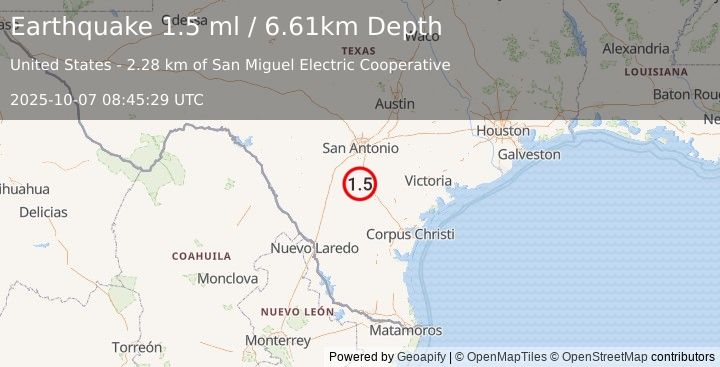 Earthquake 7 km SE of Christine, Texas (1.5 ml) (2025-10-07 08:45:28 UTC)