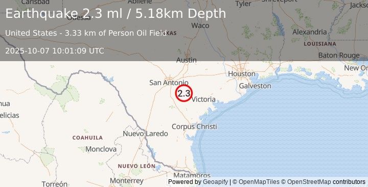 Earthquake 14 km NNE of Karnes City, Texas (2.3 ml) (2025-10-07 10:01:09 UTC)