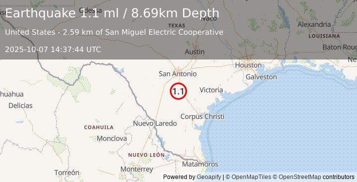 Earthquake 5 km SE of Christine, Texas (1.1 ml) (2025-10-07 14:37:44 UTC)