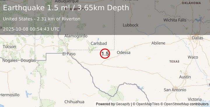 Earthquake 17 km WNW of Mentone, Texas (1.5 ml) (2025-10-08 00:54:43 UTC)
