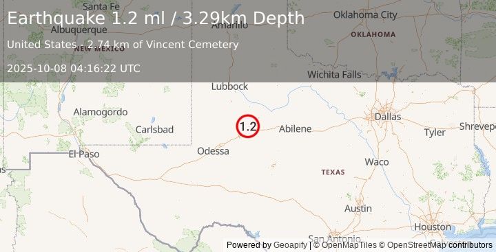 Earthquake 24 km N of Coahoma, Texas (1.2 ml) (2025-10-08 04:16:22 UTC)