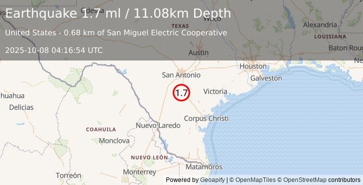 Earthquake 4 km SSE of Christine, Texas (1.7 ml) (2025-10-08 04:16:54 UTC)