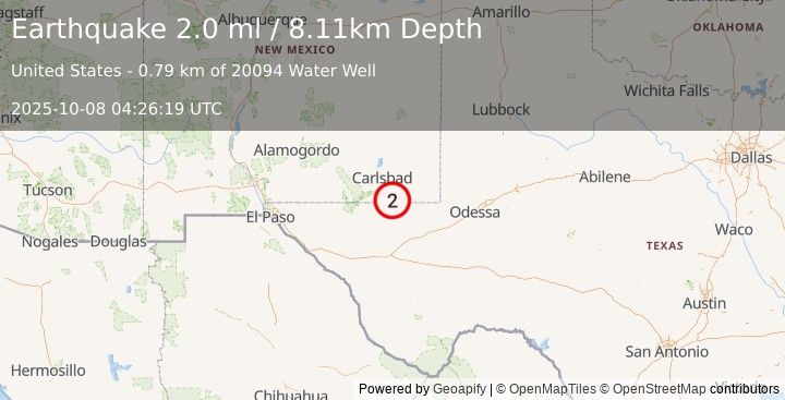 Earthquake 20 km SSE of Malaga, New Mexico (2.0 ml) (2025-10-08 04:26:19 UTC)
