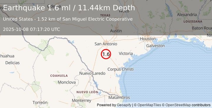 Earthquake 3 km SSE of Christine, Texas (1.6 ml) (2025-10-08 07:17:20 UTC)