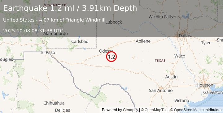 Earthquake 31 km N of Rankin, Texas (1.2 ml) (2025-10-08 08:31:38 UTC)