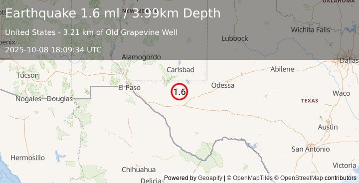 Earthquake 56 km NW of Toyah, Texas (1.6 ml) (2025-10-08 18:09:34 UTC)