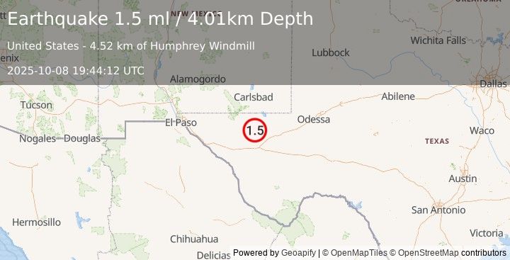 Earthquake 46 km NW of Toyah, Texas (1.5 ml) (2025-10-08 19:44:12 UTC)