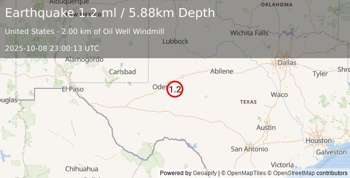 Earthquake 33 km SE of Midland, Texas (1.2 ml) (2025-10-08 23:00:13 UTC)
