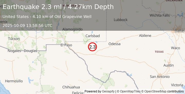 Earthquake 54 km NW of Toyah, Texas (2.3 ml) (2025-10-09 13:58:56 UTC)