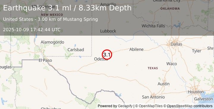 Earthquake 12 km W of Stanton, Texas (3.1 ml) (2025-10-09 17:42:44 UTC)