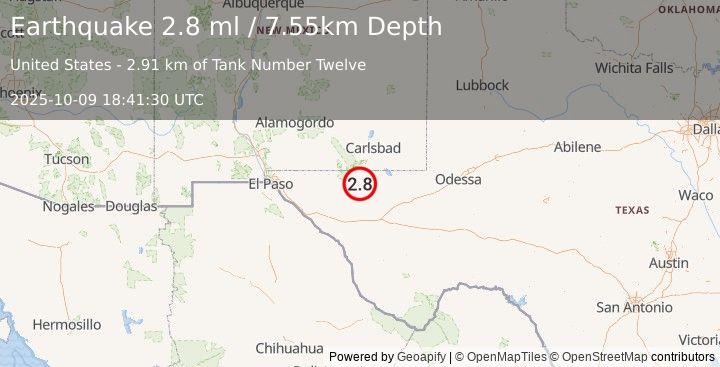 Earthquake 57 km S of Whites City, New Mexico (2.6 ml) (2025-10-09 18:41:31 UTC)