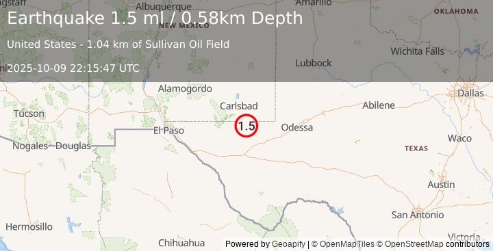 Earthquake 37 km SSE of Malaga, New Mexico (1.5 ml) (2025-10-09 22:15:47 UTC)