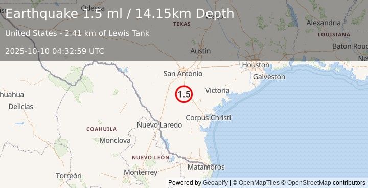 Earthquake 15 km SSE of Christine, Texas (1.5 ml) (2025-10-10 04:32:59 UTC)
