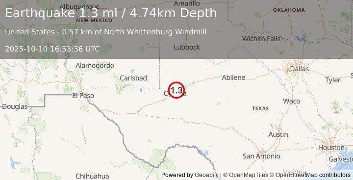 Earthquake 9 km SE of Gardendale, Texas (1.3 ml) (2025-10-10 16:53:36 UTC)
