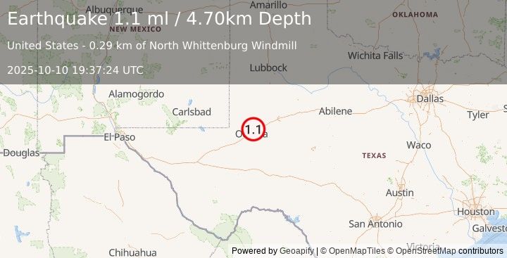 Earthquake 9 km SE of Gardendale, Texas (1.1 ml) (2025-10-10 19:37:24 UTC)