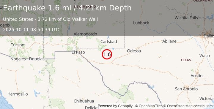 Earthquake 62 km S of Whites City, New Mexico (1.6 ml) (2025-10-11 08:50:39 UTC)