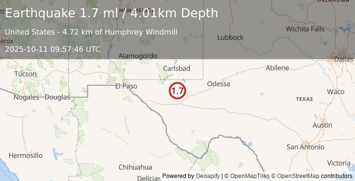 Earthquake 48 km NW of Toyah, Texas (1.7 ml) (2025-10-11 09:57:46 UTC)