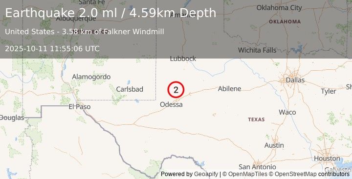 Earthquake 37 km ENE of McKinney Acres, Texas (2.0 ml) (2025-10-11 11:55:06 UTC)