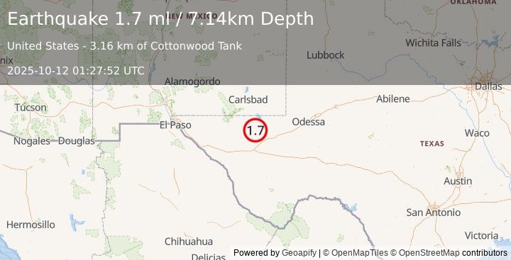 Earthquake 39 km NNW of Toyah, Texas (1.7 ml) (2025-10-12 01:27:52 UTC)
