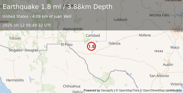 Earthquake 62 km WNW of Toyah, Texas (1.8 ml) (2025-10-12 05:49:32 UTC)