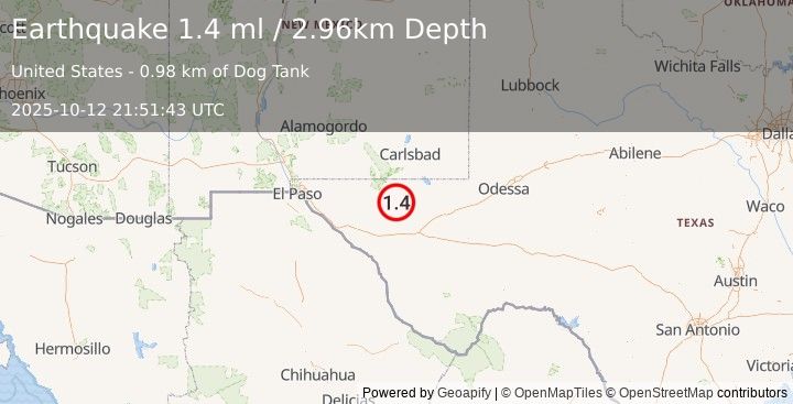 Earthquake 63 km S of Whites City, New Mexico (1.4 ml) (2025-10-12 21:51:43 UTC)
