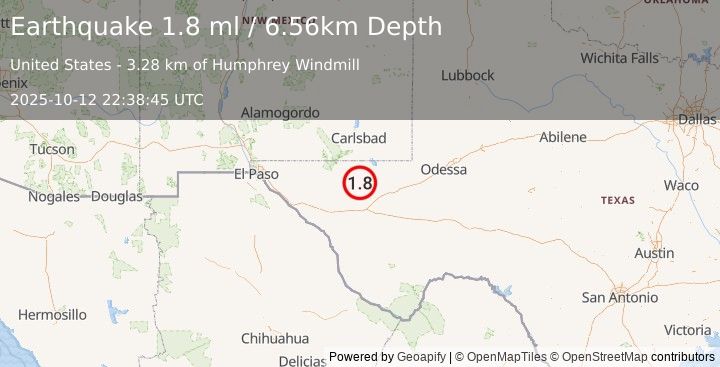 Earthquake 48 km NW of Toyah, Texas (1.8 ml) (2025-10-12 22:38:45 UTC)