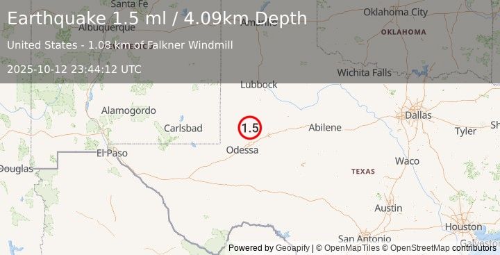 Earthquake 36 km SSW of Los Ybanez, Texas (1.5 ml) (2025-10-12 23:44:12 UTC)