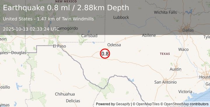 Earthquake 4 km NNE of Coyanosa, Texas (0.8 ml) (2025-10-13 02:33:24 UTC)