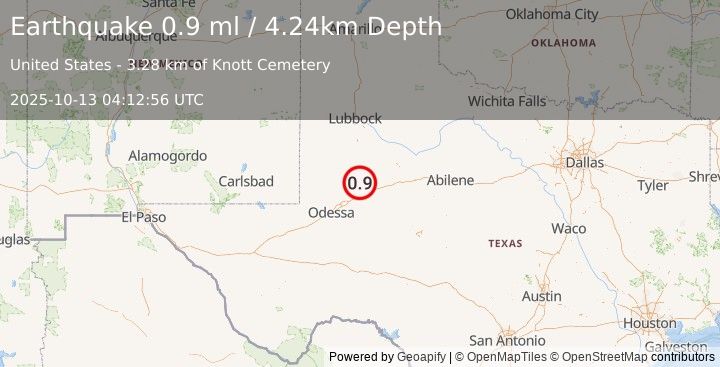 Earthquake 16 km S of Ackerly, Texas (0.9 ml) (2025-10-13 04:12:56 UTC)