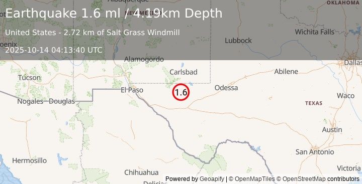 Earthquake 55 km S of Whites City, New Mexico (1.6 ml) (2025-10-14 04:13:40 UTC)
