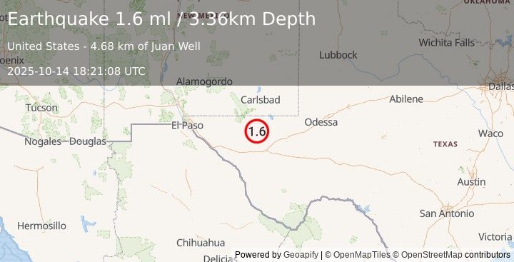 Earthquake 61 km WNW of Toyah, Texas (1.6 ml) (2025-10-14 18:21:07 UTC)