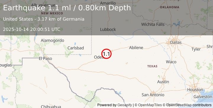 Earthquake 13 km ENE of Midland, Texas (1.1 ml) (2025-10-14 20:00:51 UTC)