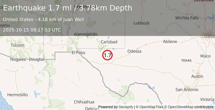 Earthquake 61 km WNW of Toyah, Texas (1.7 ml) (2025-10-15 09:17:53 UTC)