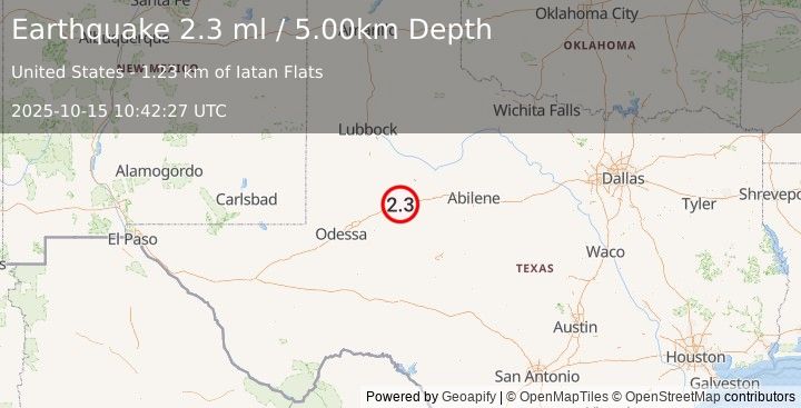 Earthquake 11 km ENE of Coahoma, Texas (2.3 ml) (2025-10-15 10:42:27 UTC)