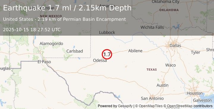 Earthquake 18 km NNW of Stanton, Texas (1.6 ml) (2025-10-15 18:27:53 UTC)