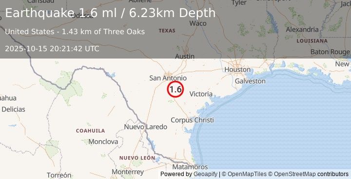 Earthquake 13 km SSW of Poth, Texas (1.6 ml) (2025-10-15 20:21:42 UTC)