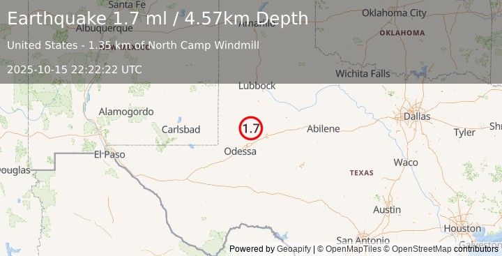 Earthquake 30 km WSW of Ackerly, Texas (1.7 ml) (2025-10-15 22:22:22 UTC)