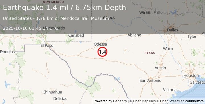 Earthquake 16 km ESE of Crane, Texas (1.4 ml) (2025-10-16 01:45:34 UTC)
