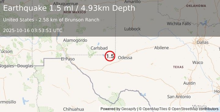 Earthquake 28 km NNE of Mentone, Texas (1.7 ml) (2025-10-16 03:53:50 UTC)