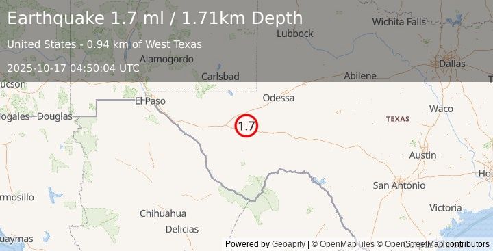 Earthquake 34 km SSE of Lindsay, Texas (1.7 ml) (2025-10-17 04:50:04 UTC)