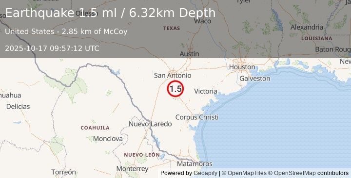 Earthquake 14 km SE of Pleasanton, Texas (1.5 ml) (2025-10-17 09:57:12 UTC)