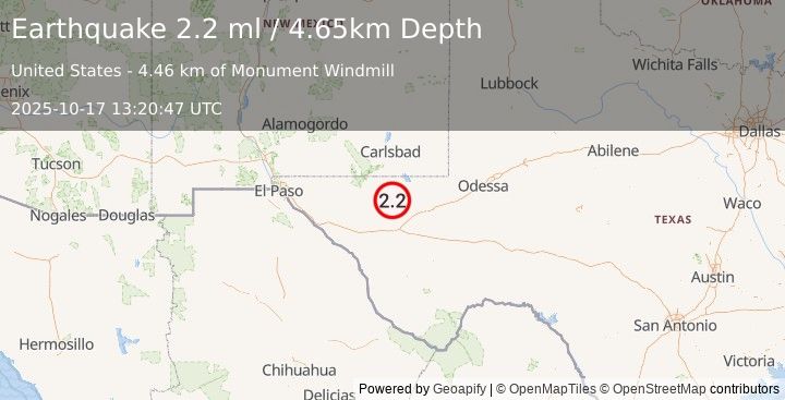 Earthquake 49 km NW of Toyah, Texas (2.2 ml) (2025-10-17 13:20:47 UTC)