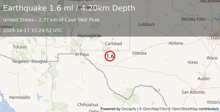 Earthquake 58 km S of Whites City, New Mexico (1.6 ml) (2025-10-17 15:24:52 UTC)