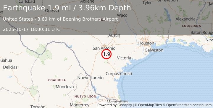 Earthquake 16 km E of Leming, Texas (1.9 ml) (2025-10-17 18:00:31 UTC)