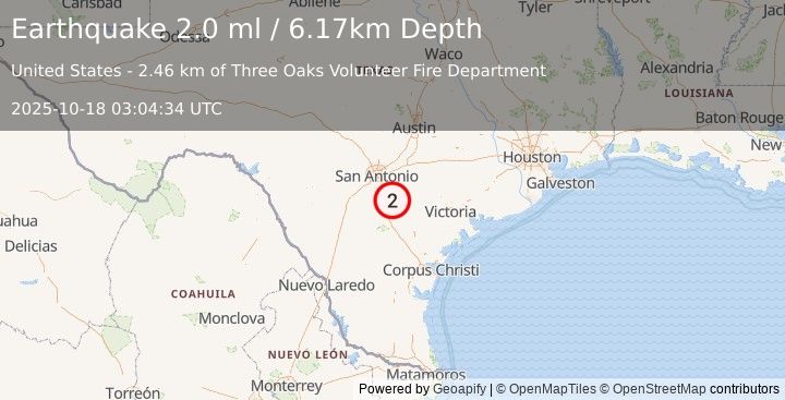 Earthquake 12 km SW of Poth, Texas (2.0 ml) (2025-10-18 03:04:34 UTC)