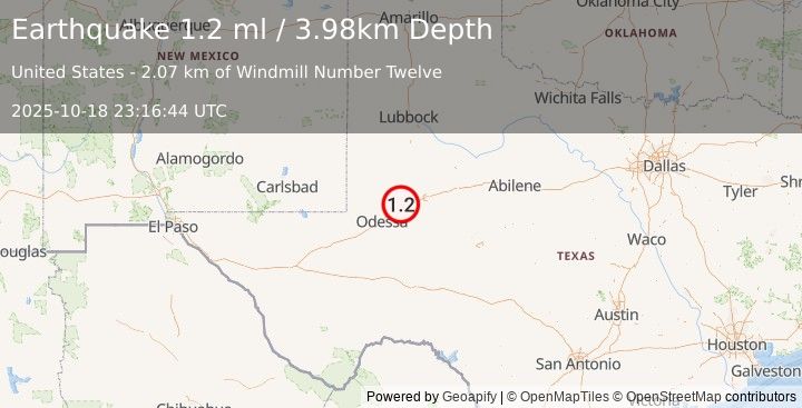 Earthquake 17 km NNE of Midland, Texas (1.2 ml) (2025-10-18 23:16:44 UTC)