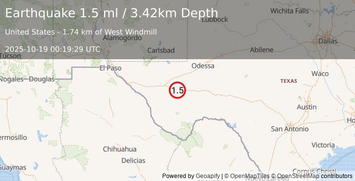 Earthquake 25 km ESE of Balmorhea, Texas (1.5 ml) (2025-10-19 00:19:29 UTC)
