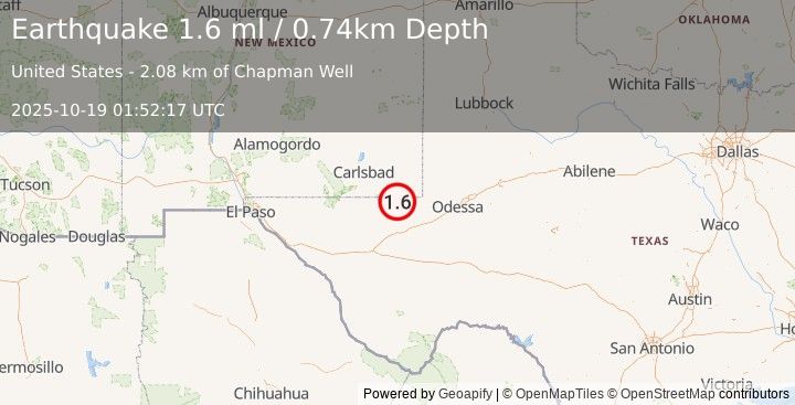 Earthquake 23 km N of Mentone, Texas (1.6 ml) (2025-10-19 01:52:17 UTC)