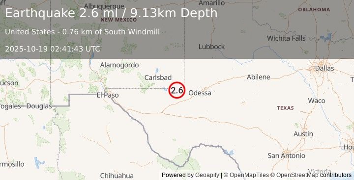 Earthquake 26 km SW of Jal, New Mexico (2.6 ml) (2025-10-19 02:41:43 UTC)