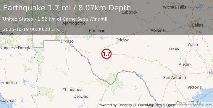 Earthquake 19 km ESE of Balmorhea, Texas (1.7 ml) (2025-10-19 06:00:20 UTC)